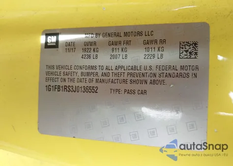 2018 Chevrolet Camaro 1Lt z USA, uszkodzony, nr VIN 1G1FB1RS3J0136552